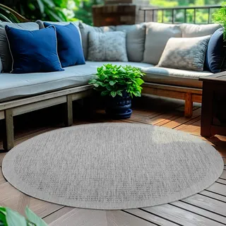 HomebyHome In- & Outdoor Teppich Wetterfest 120 cm Rund Einfarbig Grau - Waschbar, Wasserfest, Pflegeleicht und Flachgewebe - Ideal für Balkon, Garten, Terrasse und als Küchenteppich