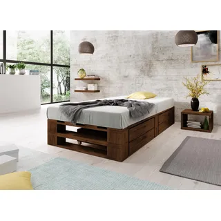Lermowood Palettenbett M2 aus Holz 100 x 200 cm Palisander mit Lattenrost und 2 Bettkästen Holzbett 30cm Stabiles Seniorenbett Kinderbett Jugendbett Gästebett erhöhtes Bettgestell Futon Komforthöhe