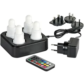 ReWu Duni LED-SET - 4 Stück - Warmweiß & Multicolour Mehrfarbig Wiederaufladbar Inklusive Ladestation & Fernbedienung LED-Beleuchtung Tischleuchten LED-Kerzen Alternative Teelichter