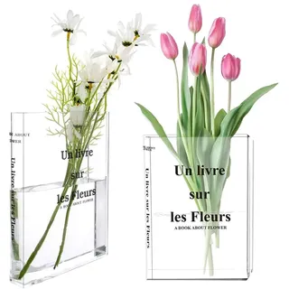 2 Stücke Buchvase für Blumen, Buchförmige Vase aus Acryl, Buchform, Transparent, Book Vase for Flowers, für Blumen Schlafzimmer Tischdeko Wohnzimmer Büro,Bücherform Blumenvase