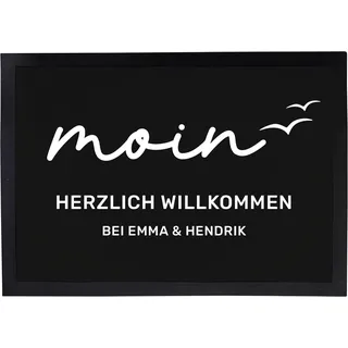 Personalisierte Fußmatte | Türmatte mit Name Bedruckt | Haustür Matte für Paare & Familien mit Haustier | Herz | Pfoten Abdruck für Katze und Hund | 40 x 60 cm (Moin - Herz. Willk.)