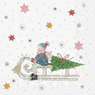 Kerstin Heß 20 Servietten "Lilli" Kind Schlitten Tannenbaum Weihnachten 33x33