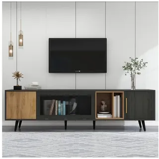 KLAM HOME Lowboard Eleganter TV Lowboard In Grau Mit Holzmaserung (200cm TV Schrank Für Bis Zu 90 Zoll Fernseher), Moderner TV Unterschrank Mit Klapptür Aus Glas grau