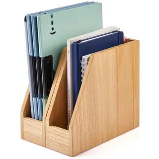 KIRIGEN Holz Schreibtisch Organizer 2er Set, Dokumentenhalter aus Paulownia-Holz, Buchständer für schmale Bücher, Briefe und Hefte, je 8,6 x 26,8 x 24 cm, Natur