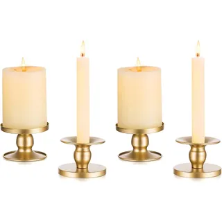 Romadedi Kerzenständer Gold Stabkerzen Metall - 4er Set Kerzenhalter Stabkerze Stumpenkerzen Vintage Morden Deko für Hochzeit Tischdeko Weihnachten Wohnzimmer Adventskranz