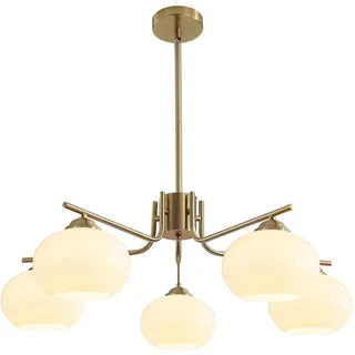 KCO Sputnik Kronleuchter Gold 5-flammig Pendelleuchte mit Milchglas Kugeln Ø18cm E27 Höhenverstellbar für Esszimmer Wohnzimmer Küche