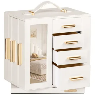 Yorbay Schmuckkasten 360° drehbar Schmuckkästchen mit 7 Schubladen, Fenster, Spiegel, 9 Bereichen, für Halsketten, Ringe, Armbänder, Ohrringe weiß