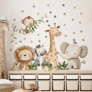Montegoni Wandsticker Selbstklebende Cartoon Dschungel Tiere Wandaufkleber für Kinderzimmer (stück, 1x Set mit selbstklebenden Cartoon Dschungel Tiere Wandaufklebern), Selbstklebend, wasserdicht, schimmelresistent, bunte Dschungel-Tiere