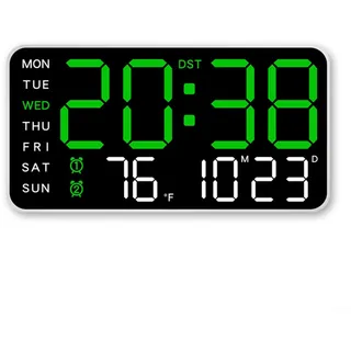 LED Digitale Wanduhr mit Alarm, Temperatur, Datum und Woche, Sprachaktivierung, Tageslicht und °F/°C Schalter, USB-betrieben oder batteriebetrieben für Zuhause und Büro (A)