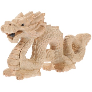 Ciieeo Feng Shui Chinesische Tierkreiszeichen-Drachenstatue 2024 Jahr des Drachen Figur Holz Handgeschnitzte Drachenskulptur Retro-Tiermodell Für Wohlstand Viel Glück Reichtum 10 cm