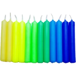 GLOWYBOX®12 Stück Geburtstagskerzen für Kerzenring Kerzen für Kindergeburtstag bunte Kinderkerzen Geburtstagszug Minikerzen bunt Baumkerzen bunt neon dip Dye Kerzen Regenbogen Set gelb/grün/blau