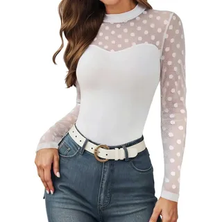Spitzentop Damen Shirt Mit Spitze Mesh-Shirt Mesh Top Damen Transparentes Oberteil Trachtenbody Spitzenbody Elegant Body Langarm Body Sexy Elegant Partyoutfits Festival