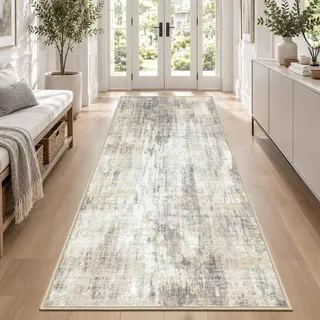 VSIWB Läufer Flur 80x200 cm Beige Grau Abstrakter Teppich Waschbar | Rutschfest Modern Küchenläufer Kurzflorig, Weich für Vorzimmer, Brücken, Küche, Schlafzimmer, Wohnzimmer