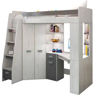 FurnitureByJDM Hochbett mit Schreibtisch, Schubladen, Regalen und Kleiderschrank - 80x200 cm Bettgröße - Linksseitige Treppe – ANTRESOLA (Craft White/Graphite)