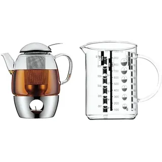 WMF SmarTea Teekanne mit Stövchen Set 3-teilig, Cromargan Edelstahl, Glaskanne 1l mit Siebeinsatz und Stövchen, spülmaschinegeeignet & Gourmet Glas Messbecher 1l, hitzebeständiges Glas