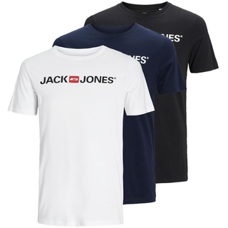 JACK & JONES Herren JJECORP Logo Tee SS Crew Neck 3PK MP T-Shirt, White/Pack:1Black 1Navy Blazer 1 White, S