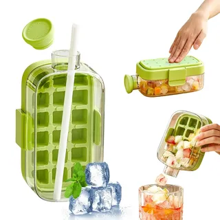 Eiswürfelflasche mit Strohhalm, 2-in-1 Silikon Eiswürfelbecher, Ein-Knopf Freisetzung, BPA-frei, für Büro, Reisen und Sport (Grün, 800ml)