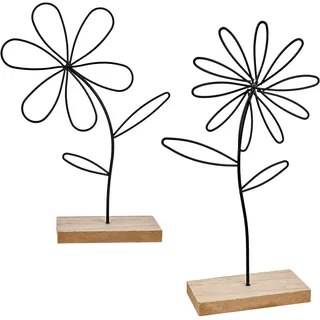 Aufsteller Blume Frühling Sommer Holzdeko - 2er Deko-Baum Aufsteller Metall Holz Schwarz Deko Wohnzimmer Modern für Frühlingsdekoration Innen Esstisch Tischdeko Hinstellendeko Fensterban