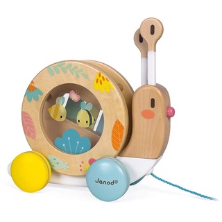 Janod - Pure Nachziehtier Schnecke - Holzspielzeug mit Xylophon und Tamburin - Musikalisches Montessori Lernspielzeug - Wasserbasierte Farben - Baby Spielzeug ab 1 Jahr, J05159