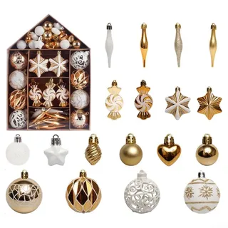 73 Stück Weihnachtskugeln Set, Plastik Weiß Gold Christbaumkugeln Kunststoff Weihnachtsbaum-Deko, Weihnachtsbaumschmuck Christbaumschmuck mit Aufhänger, Weihnachtsbaum Kugeln (E)