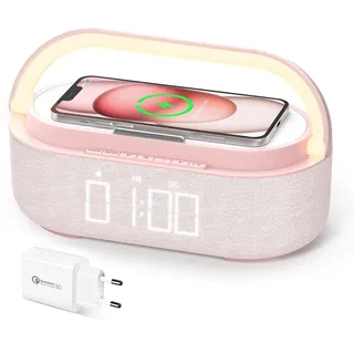 COLSUR Radiowecker Digital mit Wireless Charger, Bluetooth Lautsprecher mit USB-Ladegerät, Smart Wecker Schlummerfunktion Induktive Ladestation, Nachtlampe, Dimmbares LED-Display und Batterie,Rosa