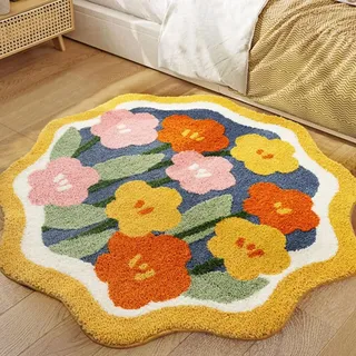 Aldopein Badematte mit Boho-Blumenmuster, rund, 60 cm, rutschfest, waschbar, niedlich, bunt, Gänseblümchen, Badezimmerteppich, wasserabsorbierend, flauschig, zottelig, Mikrofaser, Duschbodenmatte,