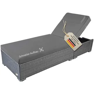RS Trade Sonnenliege Gartenliege Wetterfest aus Polyrattan mit Rollen – Rattan Outdoor Liege mit mehrfach Verstellbarer Rückenlehne für Garten, Terrasse, Balkon & Pool, grau mit Grauer Auflage