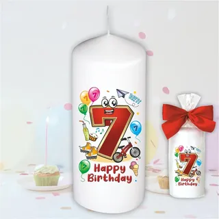 Stumpenkerze - Geburtstagskerze zum 7. Geburtstag, Happy Birthday - Motive auf Tattoofolie | Geschenkfolie und Schleife | Kerze mit Geburtstagszahl Zahl in Geschenkverpackung zum Kindergeburtstag