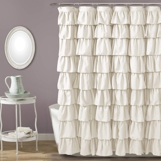 Lush Decor Ruffle Shower Curtain | Floral Textured Shabby Chic Farmhouse Style Design, x 72”, Ivory
