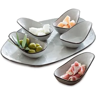 LOBERON Servierschälchen 6er Set Biarré, fünf Schälchen + Unterteller, für Dips und Saucen, traditionelle Handarbeit, Küchenutensilien, Tischaccessoires, Steinzeug, grau