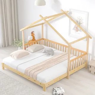 Ball & Cast Kinderbett (90x200cm&180x200cm) Tagesbett mit Fallschutz, Ausziehbares Hausbett, Doppelbett mit Lattenrost, Natur