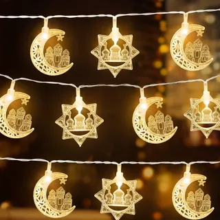 Ulikey Eid Mubarak Mond und Sterne Lichterkette, 9,8 ft 20 LEDs Muslimische Ramadan Mondlampe Batteriebetriebene, Eid Mubarak Dekoration Mond Stern Nachtlichter für Indoor Outdoor (Warmes Licht)