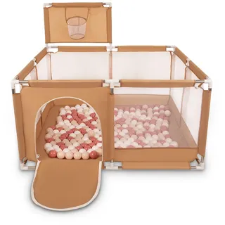 Selonis Laufstall Mit Korb Und 400 Bälle Laufgitter Für Kinder, Beige:Pastellbeige/Lachsfarben/Weiß