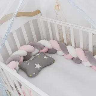 Babybettumrandung – 1,5 M Bettumrandung Schlangenmuster Kissen Geflochtenes Kissen Samt Babyschutzstoff Zaun Antikollision (weiß+grau+rosa)