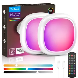 Tedmos Akku Deckenlampe mit Bewegungsmelder, RGB Dusche Lampe Wasserdicht | 12000mAh, USB Aufladbar, Kellerlampe Ohne Strom, Kabellose Deckenleuchte mit Batterie und Fernbedienung für Innen Garage Bad