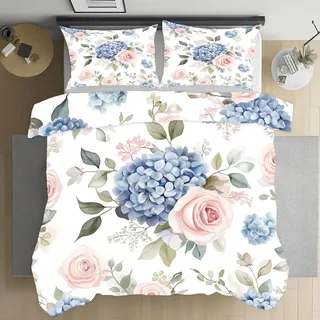 Generisch Hortensie Rose Blumen Bettwäsche Set Mikrofaser mit Reißverschluss Ölgemälde Blumenmuster Bettwäsche 155x220cm mit 2 Kissenbezügen 80x80cm Bettbezug Weich Atmungsaktiv Bügelfrei