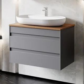 Karen Waschtisch mit Unterschrank Lara | Keramikwaschbecken | Unterschrank | Badmöbel | Aufsatzwaschbecken | Konsolenwaschtisch | Minimalistisch | Badezimmer Anthrazit (Lara 80 mit Konsole Walnuss)
