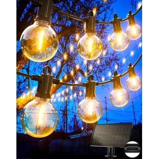 Zuske Solar Lichterkette Aussen, 15M Lichterkette Außen Solar Wasserdicht mit 25+2 Warmweiße G40 Glühbirnen, 5 Modi IP65 Wasserdicht Solar lichterkette für outdoor, Garten, Terrasse, Balkon, Hochzeit