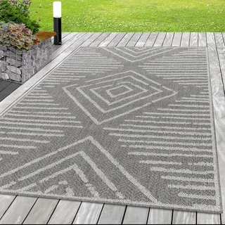 SIMPEX In- & Outdoor Teppich 240x340 cm, Wetterfest & Robust, Flachgewebe mit Modernem Boho-Design in Grau & Creme, Rechteckig für Terrasse, Balkon, Küche, Bad & Wohnzimmer