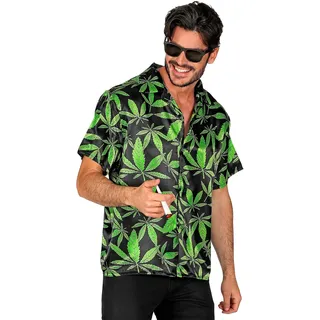 Herren Satin Hawaii-Hemd mit Cannabis Druck Hanf The Ganja Style Beach-Party Kurzarm JGA Junggesellenabschied, Größe:XXL - XXL