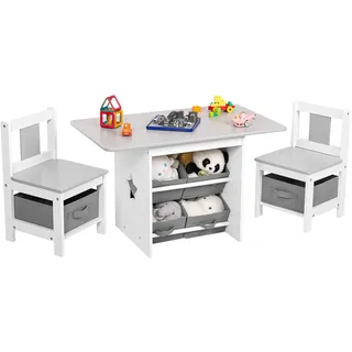 Yorbay Kindertisch mit 2 Stühle, Kinderaktivitätstisch mit Stauraum, 3tlg Kindersitzgruppe, Sitzgruppe für Kinder, Maltisch für Kinderzimmer, Spielzimmer, Vorschüler, Kindermöbel (Grau)