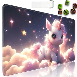 JVGFYNKL MTG Spielmatte + Reisetasche mit Kordelzug + 6 Würfelzähler, für Tisch-Sammelkartenspiel-Spielmatten oder großes Mauspad, rutschfestes Gummi, 61 x 35,6 cm, Mädchen-Einhorn in Wolken