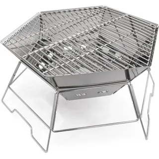 Camping Holzofen - BBQ Kohlegrill - Klappbar - Tragbar - Edelstahl - Für Holz und Kohle - Ohne Zündgerät - Silber