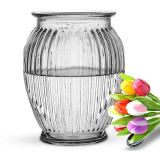 Wrenbury Geriffelte Glasvase für Blumen, groß, klares Glas, 18 cm, Tulpenvase für Rosen, Knospen, Narzissen oder Pfingstrosen, große breite runde Öffnung für Blumenstrauß für Mama