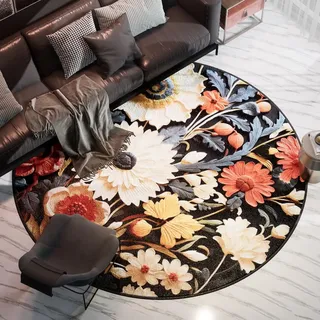 Sedefen Kurzflor Teppich Rund 160 cm - Bunt Blumen Muster Terrassen Dekorative Wohnzimmer Schlafzimmer Vintage Läufer Indische Boho, Anti-Rutsch Unterseite, Felloptik