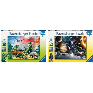 Ravensburger Kinderpuzzle - 10957 Unter Dinosauriern - Dino Puzzle für Kinder ab 6 Jahren, mit 100 Teilen im XXL-Format & Ravensburger Kinderpuzzle 10016 - Im Weltall - 150 Teile