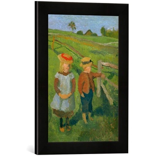 Gerahmtes Bild von Paula Modersohn-Becker Zwei Kinder in der Sonne am Wiesenzaun stehend, Kunstdruck im hochwertigen handgefertigten Bilder-Rahmen, 30x40 cm, Schwarz matt