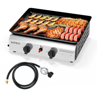 ROVSUN Camping Gasgrill Tischgrill aus Edelstahl, mit 2 Brennern, 4,8 kw, Emaillierter Antihaft-Grillplatte & ein-klick-Zündung für Camping, Garten & Strand, ohne Strom 44x39x16 cm