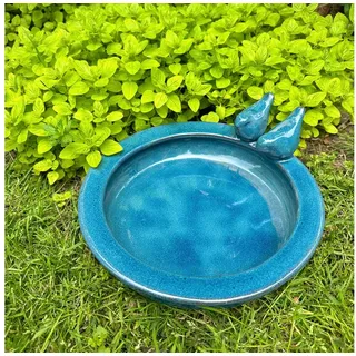 Antikas Futterstation Vogeltränke, Vogelbad,Tränke für Vögel, Keramik, grün-blau, H 11,0 x blau