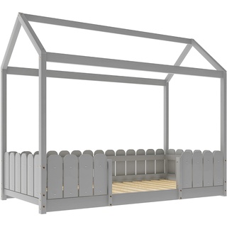 Hausbett 90x200 cm - vielseitiges Holz Kinderbett für Jungen & Mädchen - Mit Rausfallschutz und Lattenrost – Grau (Ohne Matratze)